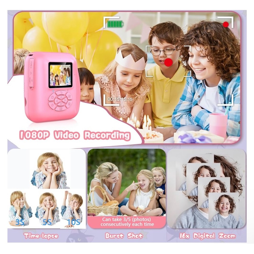Kids Instant Print Camera 1080P Video Time-Lapse Burst Shot Digital Zoom